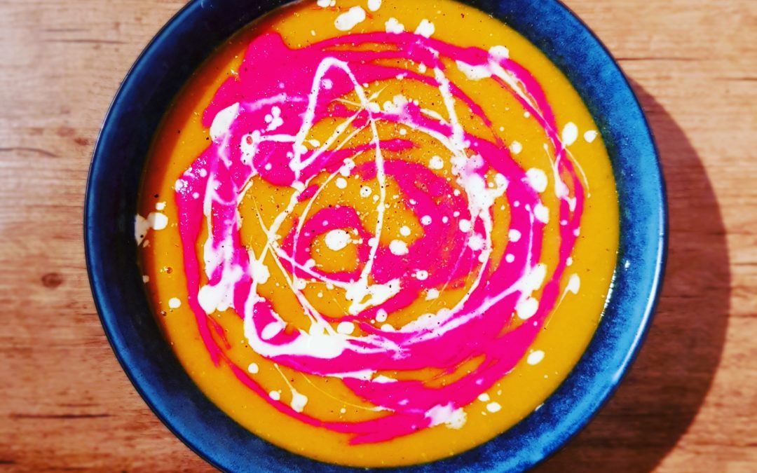 Moroccan Roast Pumpkin & Chickpea Soup with Beetroot Sour Cream by Amanda Orchard